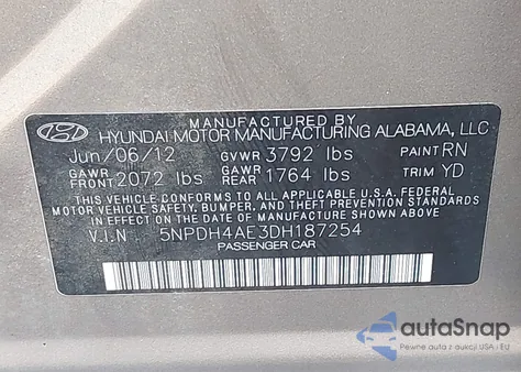 2013 Hyundai Elantra Gls z USA, uszkodzony, nr VIN 5NPDH4AE3DH187254